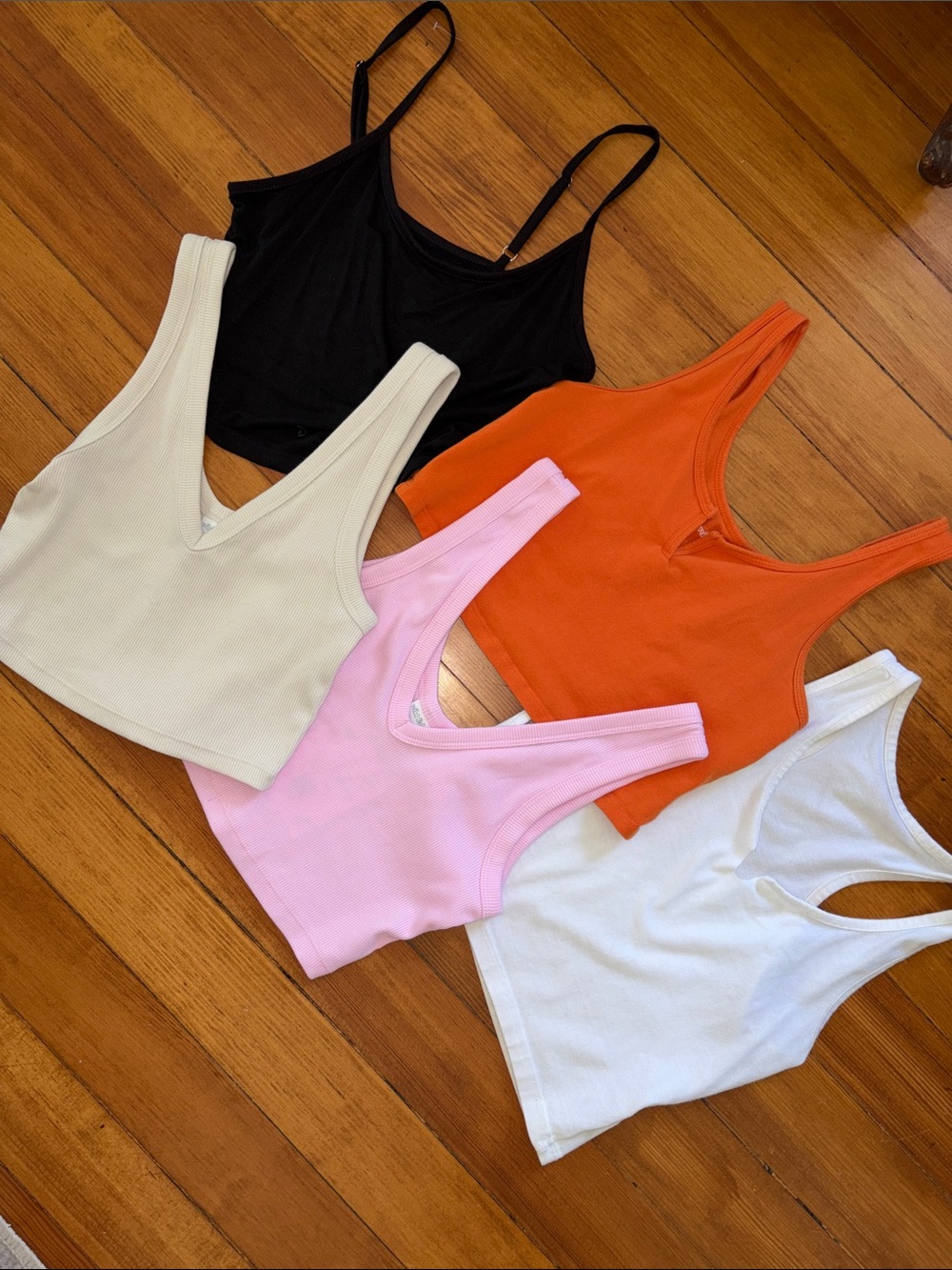 Cropped Ribbed V-Neck & Scoop Tank Set (5) — Cream, Pink, Black, Orange, White